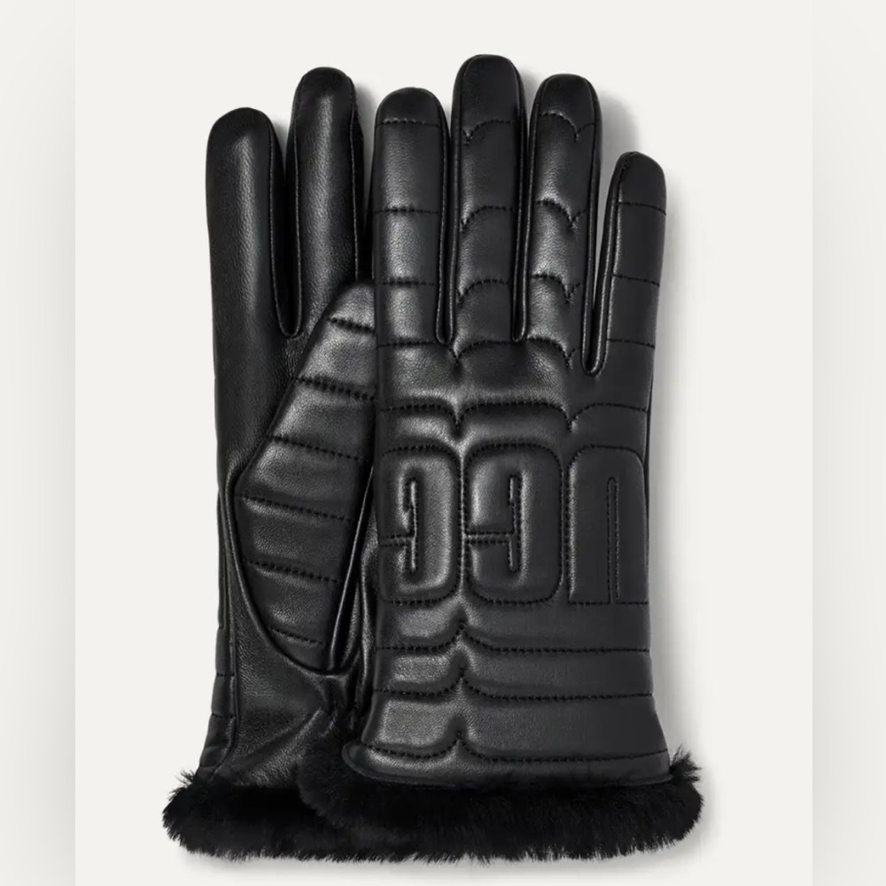 UGG Leather Quilted Logo Tech Glove in Black Size Small